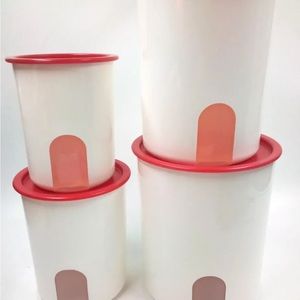 4 TUPPERWARE CANISTERS WHITE REMINDER WINDOW ONE TOUCH